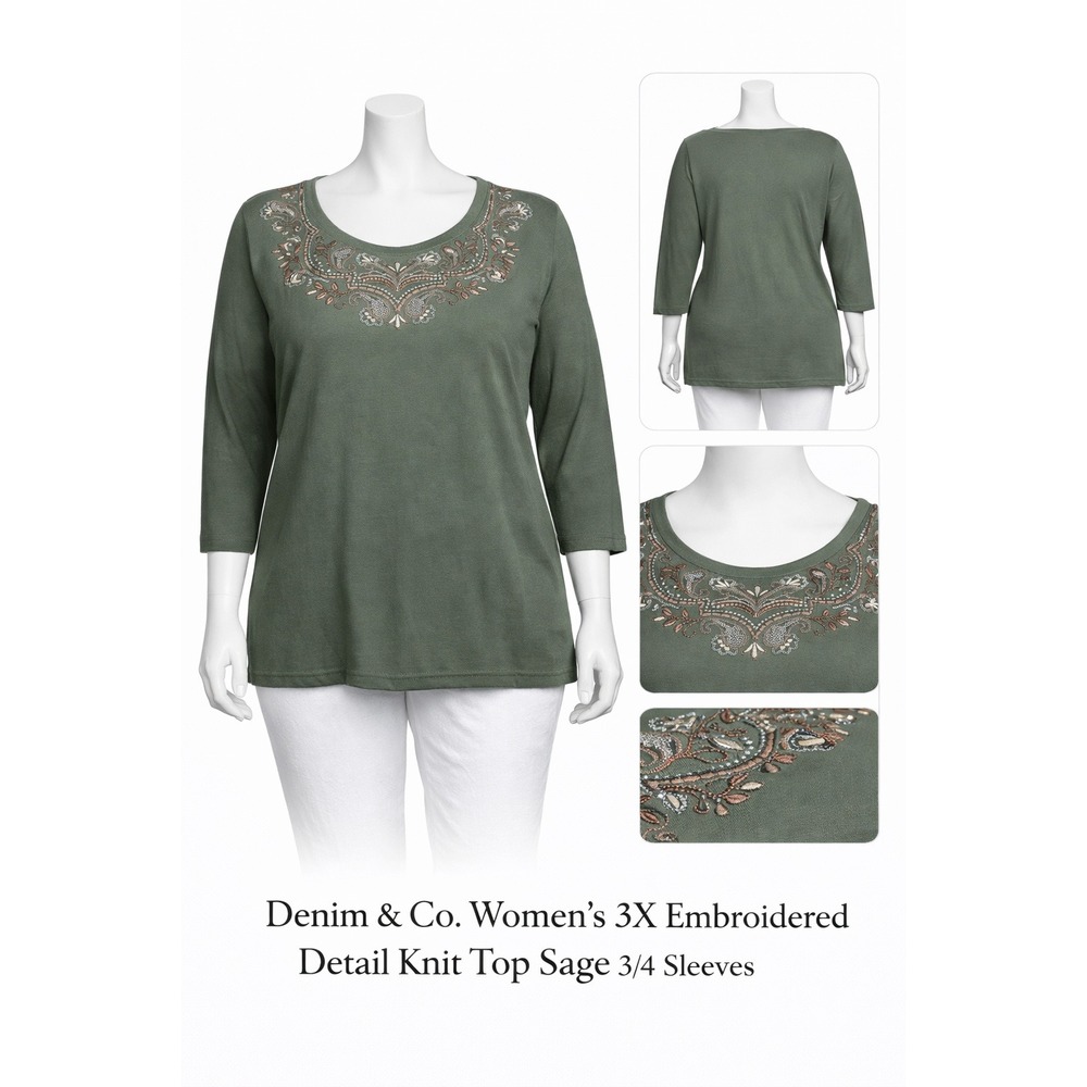 Denim & Co Womens 3X Embroidered Detail Knit Top Sage 3/4 Sleeves A235178 NWT